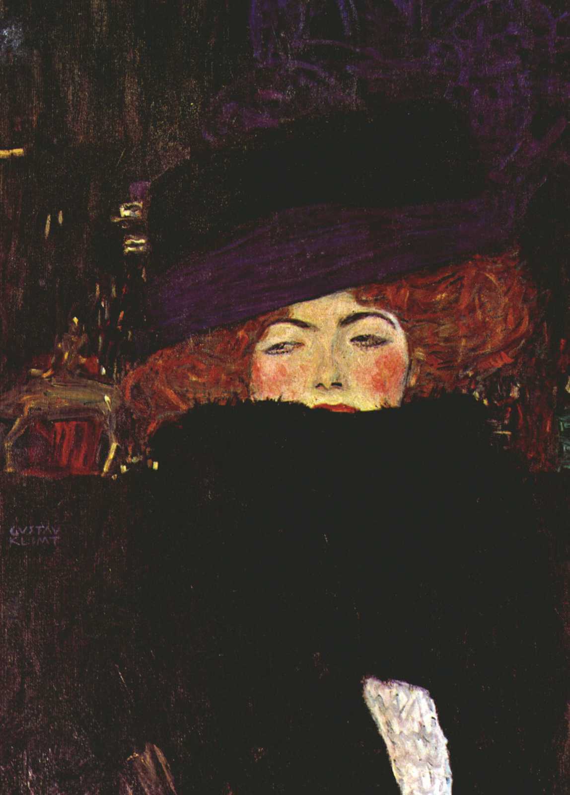 Lady with Hat and Feather Boa - Gustav Klimt - Greetings Card by Gustav Klimt