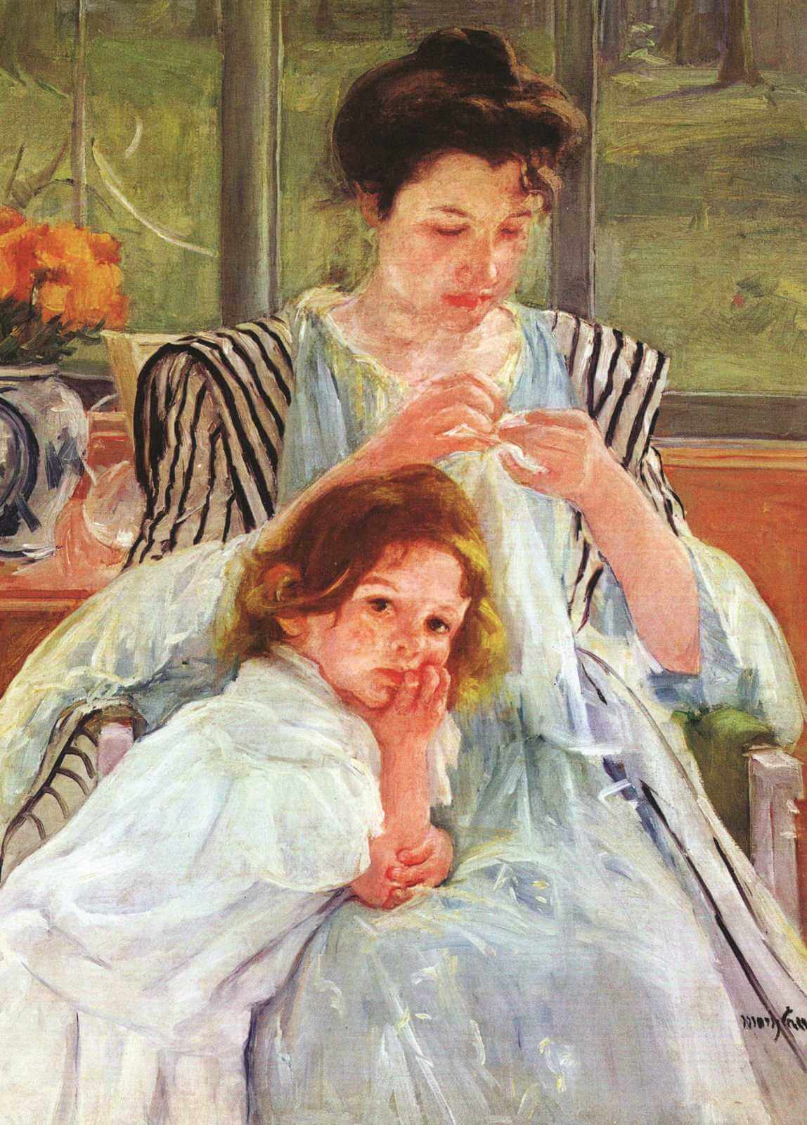 Young Mother Sewing - Mary Cassatt - Greetings Card by Mary Cassatt