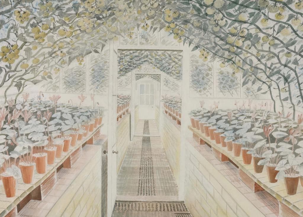 The Greenhouse: Cyclamen and Tomatoes - Eric Ravilious - Greetings Card by Eric Ravilious