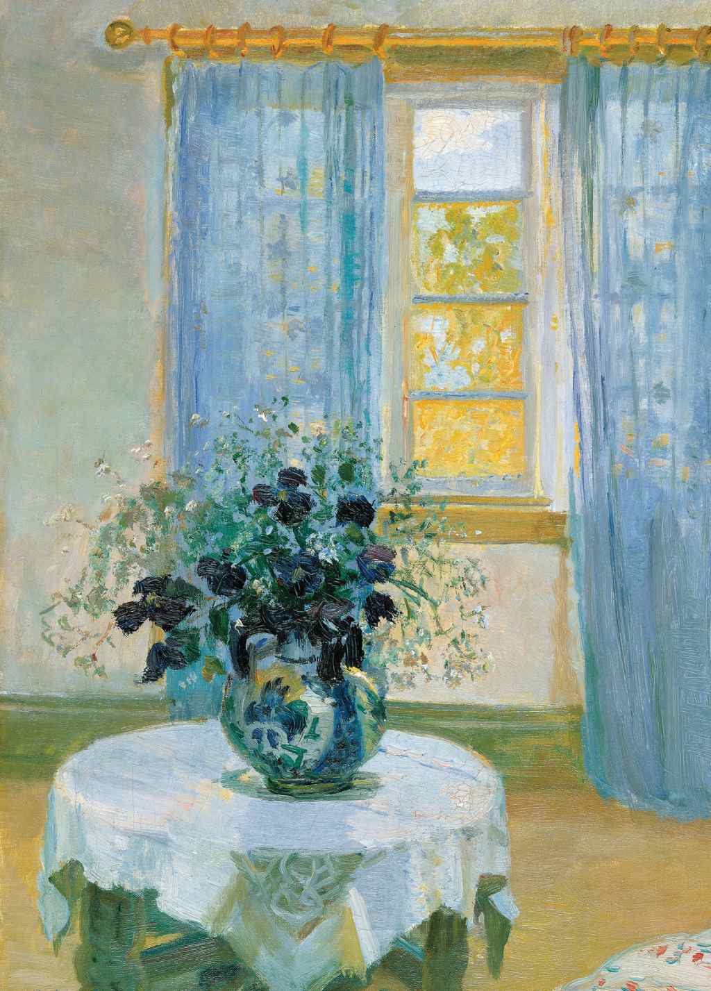 Living Room with Lilac Curtains and Blue Clematis - Anna Ancher - Greetings Card by Anna Ancher