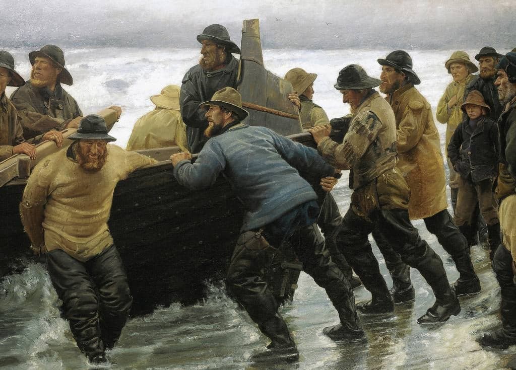 Fishermen Launching a Rowing Boat - Michael Ancher - Greetings Card by Michael Ancher