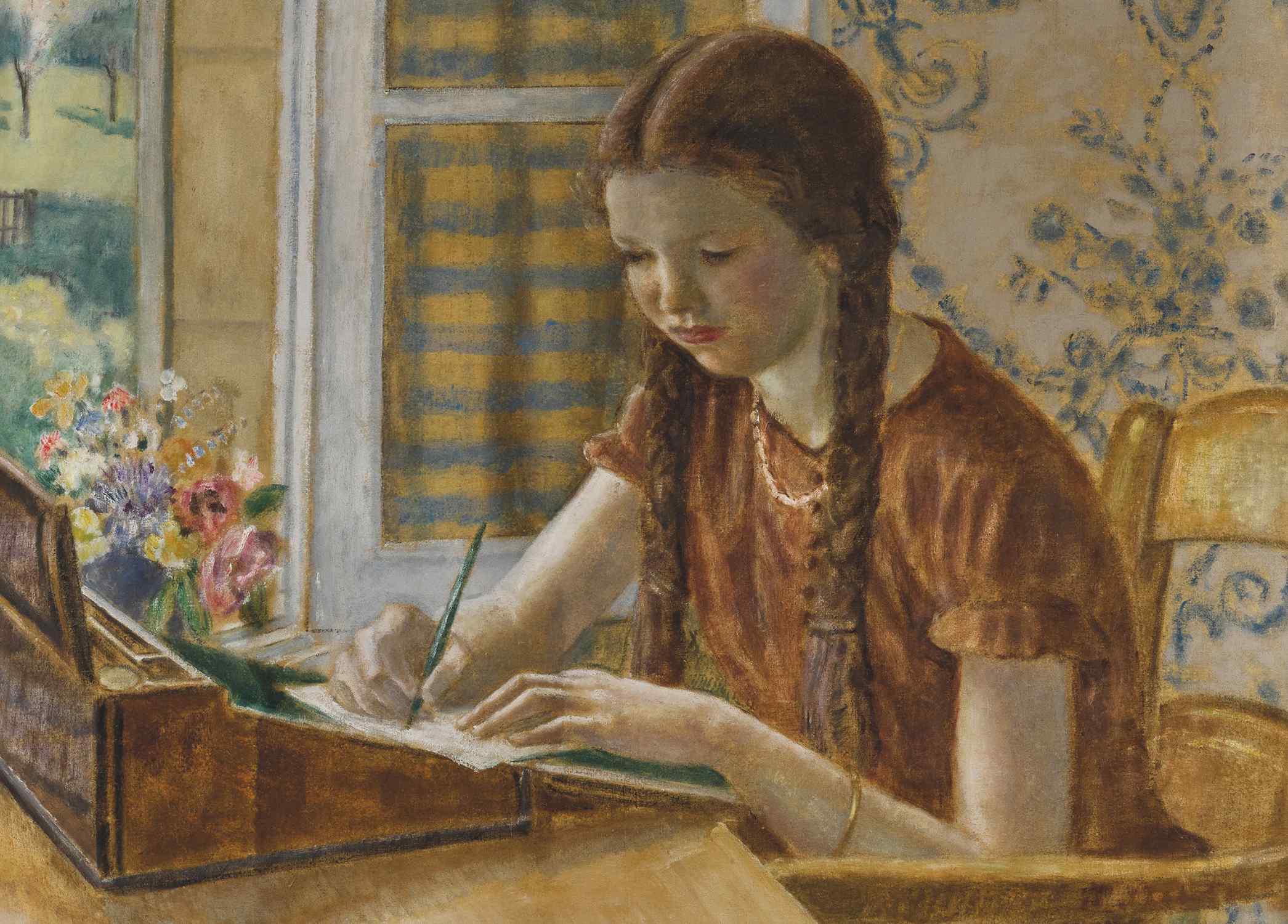 Girl at the Writing Desk - Frederick Carl Frieseke - Greetings Card by Frederick Carl Frieseke